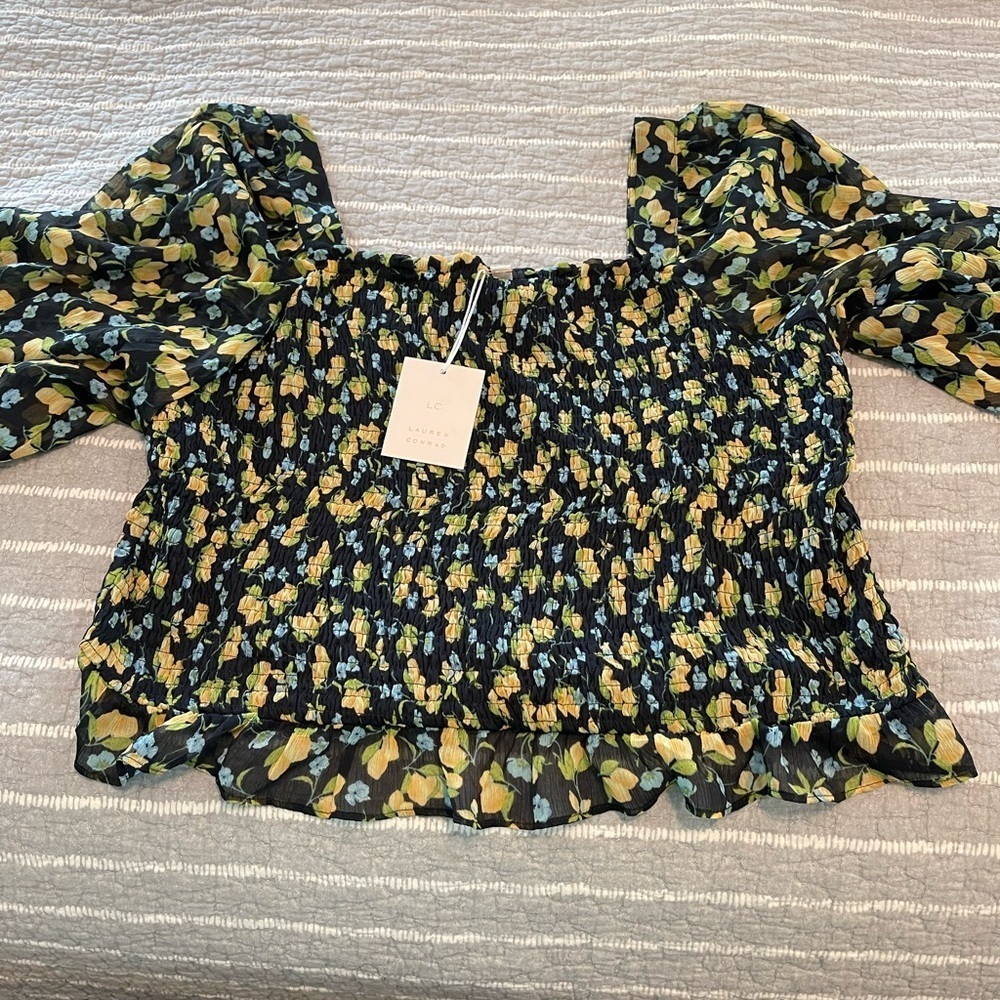 LC Lauren Conrad NWT Size XXL Floral - Lemon Print Smock Elastic Crop Blouse Top